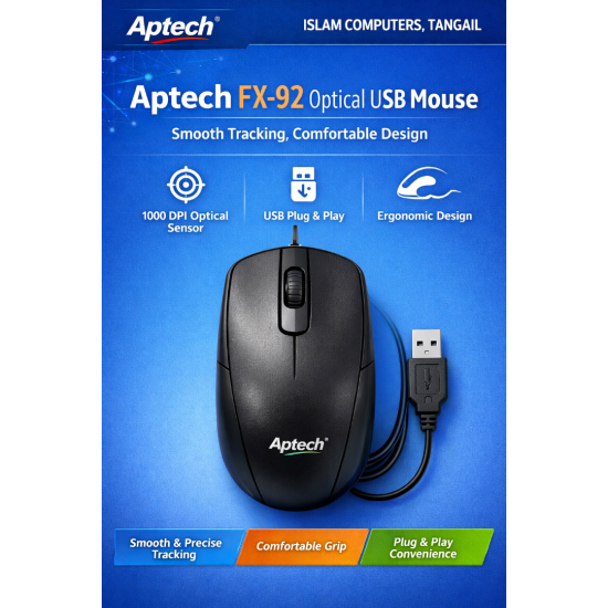 Aptech FX92 Optical USB Mouse – Smooth Tracking, Comfortable Design