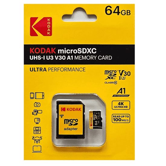 KODAK 64GB Class 10 UHS-I U3 V30 A1 MicroSDXC Card